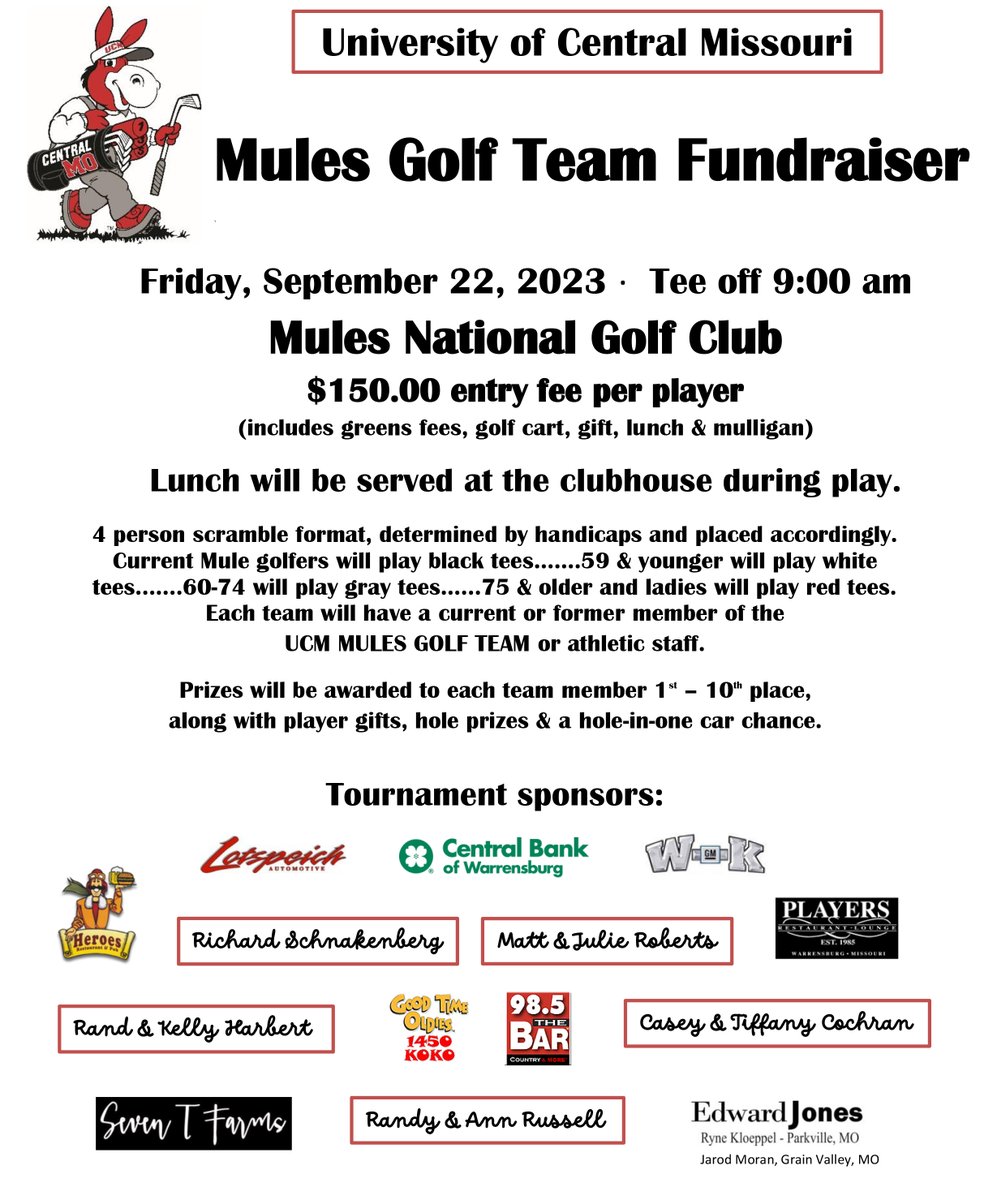 Registration is now open for the 2023 Mules Golf Team Fundraiser scheduled for Sept. 22 at <a href="/MulesNational/">Mules National Golf Club</a> in Warrensburg!

📝 | bit.ly/45aEz4f

#teamUCM