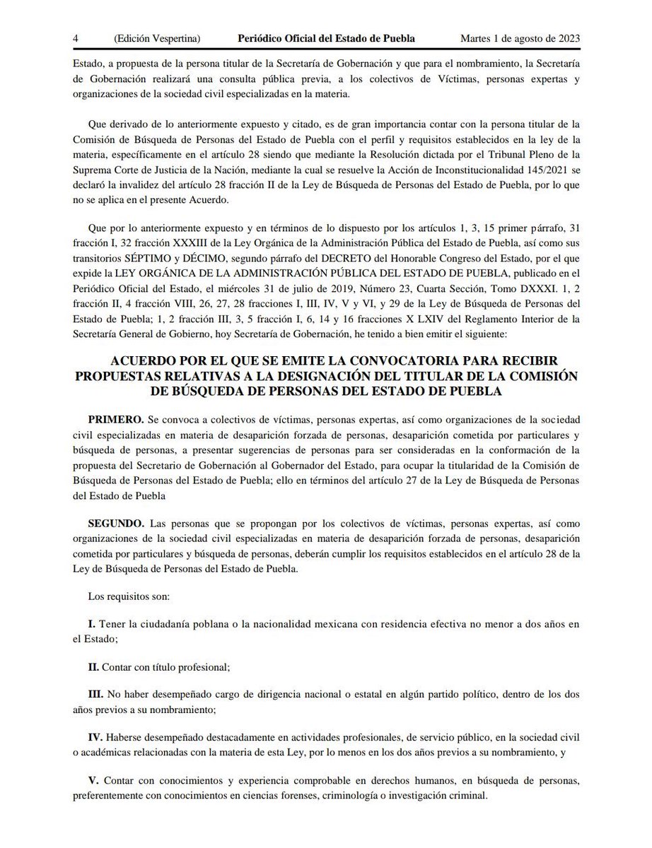 🔔Atención🔔
Se ha publicado en el Periodico Oficial del Estado, la convocatoria para recibir propuestas para la designación de titular de la Comisión de Búsqueda de Personas del Estado de Puebla. 👇🏽