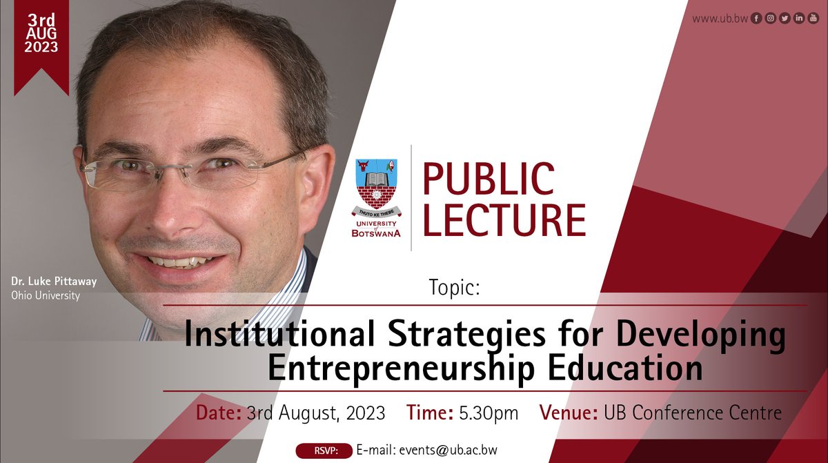 UBBotswana's tweet photo. #PublicLecture #3Aug #ubconferencecentre
INSTITUTIONAL STRATEGIES FOR DEVELOPING ENTREPRENEURSHIP EDUCATION https://t.co/LE1CjOTvGf