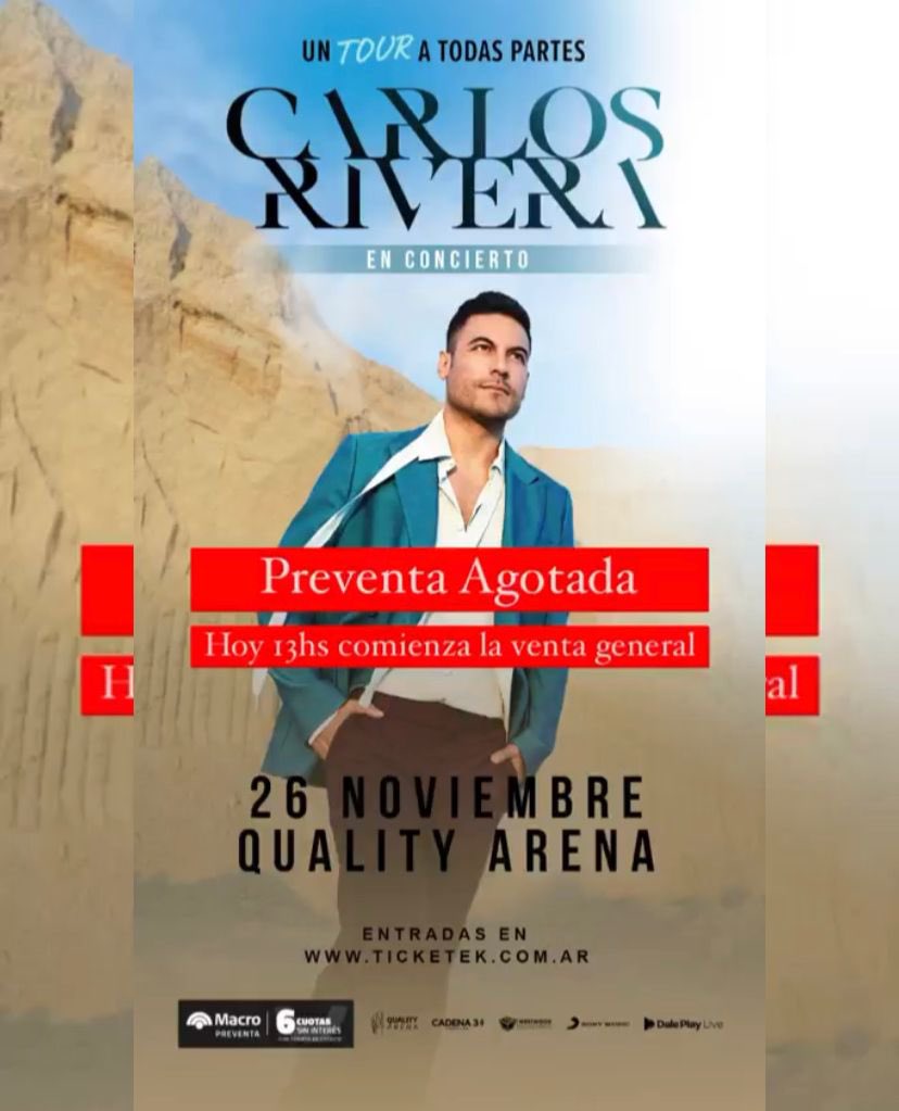 janick_cr's tweet photo. Pre venta Agotada!! Hoy inicia la venta general a las 13:00 hrs🇦🇷  #CarlosRivera en Córdoba  #UnTourATodasPartes  Adquiere los mejores lugares!! #Riveristas #CarlosRiveraFans #CReandoSueños #musica #singersongwriter https://t.co/Iuk45pA4sV