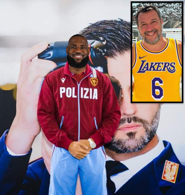 parallelecinico's tweet photo. Qualche giorno fa, senza un apparente motivo, Matteo Salvini si è fatto fotografare con la maglia di LeBron James. Poco fa è arrivata la risposta della stella dei Lakers. https://t.co/stb72rN6Y3