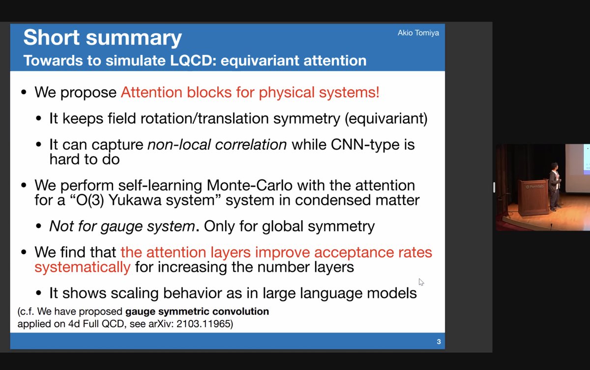 rothkopfAK's tweet image. Today @AkioTomiya (@iput_osaka) presented his recent work (2306.11527) bringing transformer #machinelearning technology to fundamental physics simulations &amp;amp; extending it with equivariance in his @Fermilab #Lattice2023 talk &quot;Equivariacne is all you need&quot;. Non-local correlations🤩!