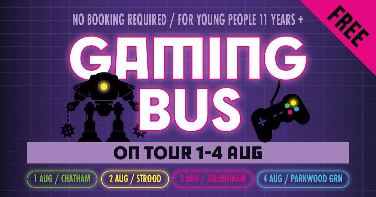 *Gaming Bus on Tour This Week: An Update* 🎮 

Tomorrow 👉 Gillingham High Street is taking place tomorrow between 10am – 4pm (please note: the bus won’t be in Strood tomorrow).

Friday 👉 Parkwood Youth Centre between 3pm – 5.30pm.

No booking is required on either day 😁
