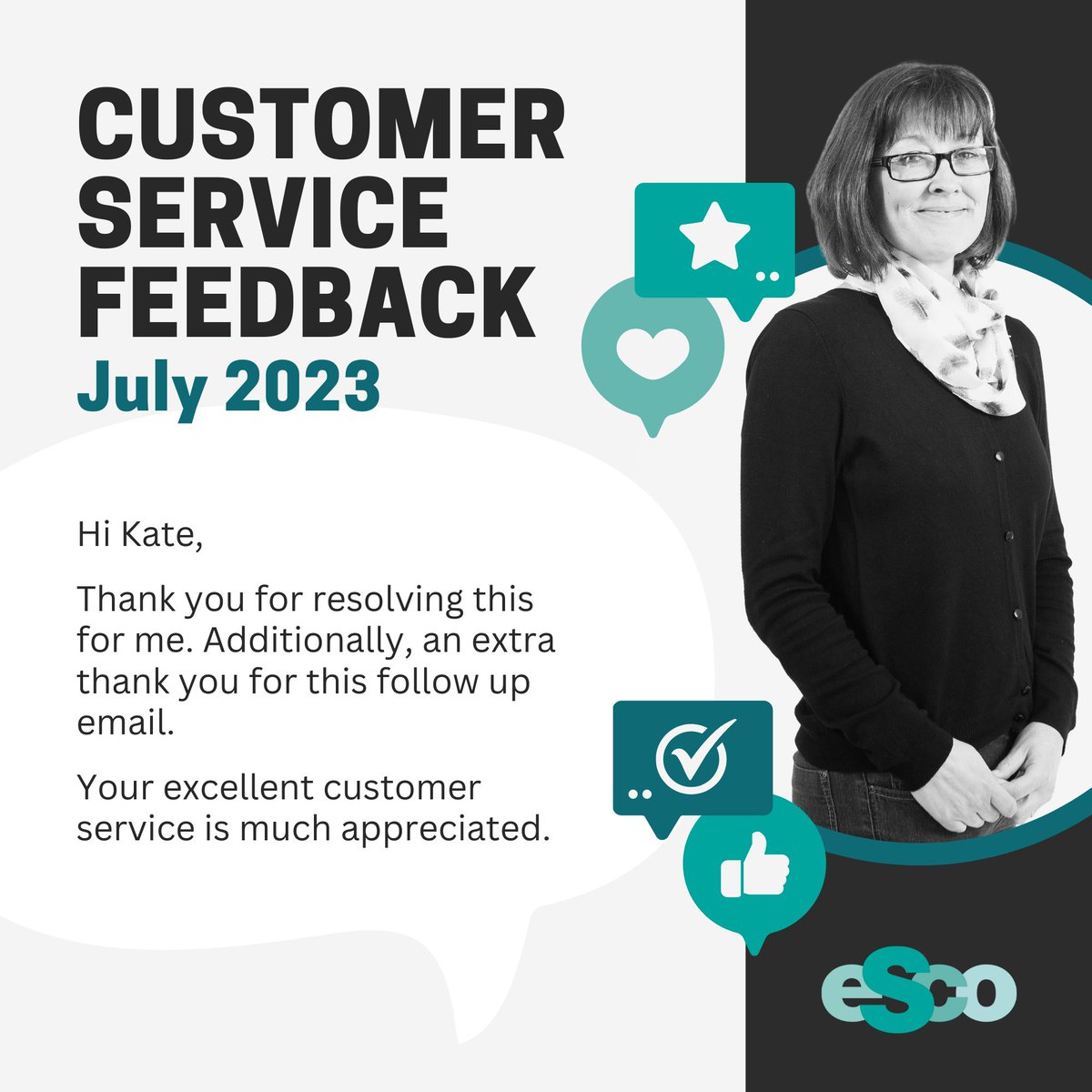 Well done to our wonderful Customer Service Executive, Kate, for her attentiveness with this customer's query, going the extra mile. 

Kate has been with ESco for almost 25 years and always approaches every customer query with kindness and efficiency 🌟

#DreamTeam #WhoWeAre