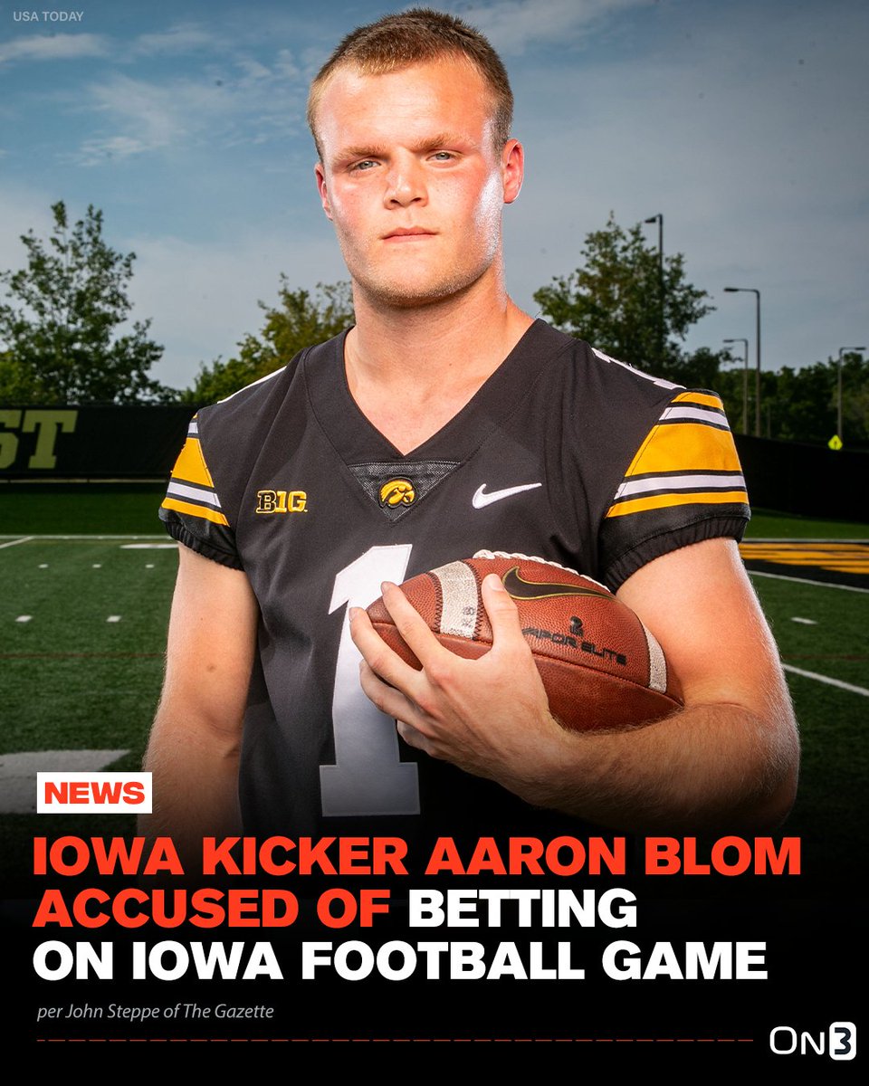 NEWS: Iowa kicker Aaron Blom has been accused of underage sports wagering, per <a href="/JSteppe1/">John Steppe</a>. 

Blom placed ‘approximately eight’ bets on Iowa Sports including the under in the 2021 Iowa vs Iowa State game😳 

on3.com/college/iowa-h…