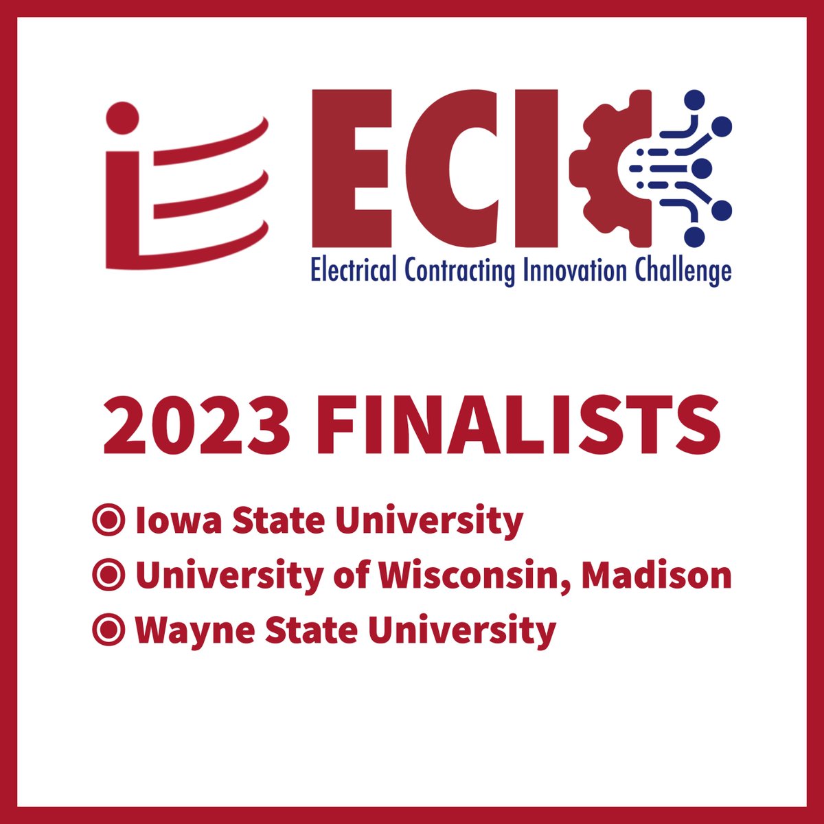 Congratulations to all NECA Student Chapters for their outstanding participation in the 2023 ECIC! 🎉 We're excited to announce the 3 finalist teams moving forward to the final stage at #NECAPhilly23
 
<a href="/IowaStateU/">Iowa State University</a>
<a href="/UWMadison/">UW–Madison</a>
<a href="/WayneStateNECA/">WSU NECA Student Chapter</a>