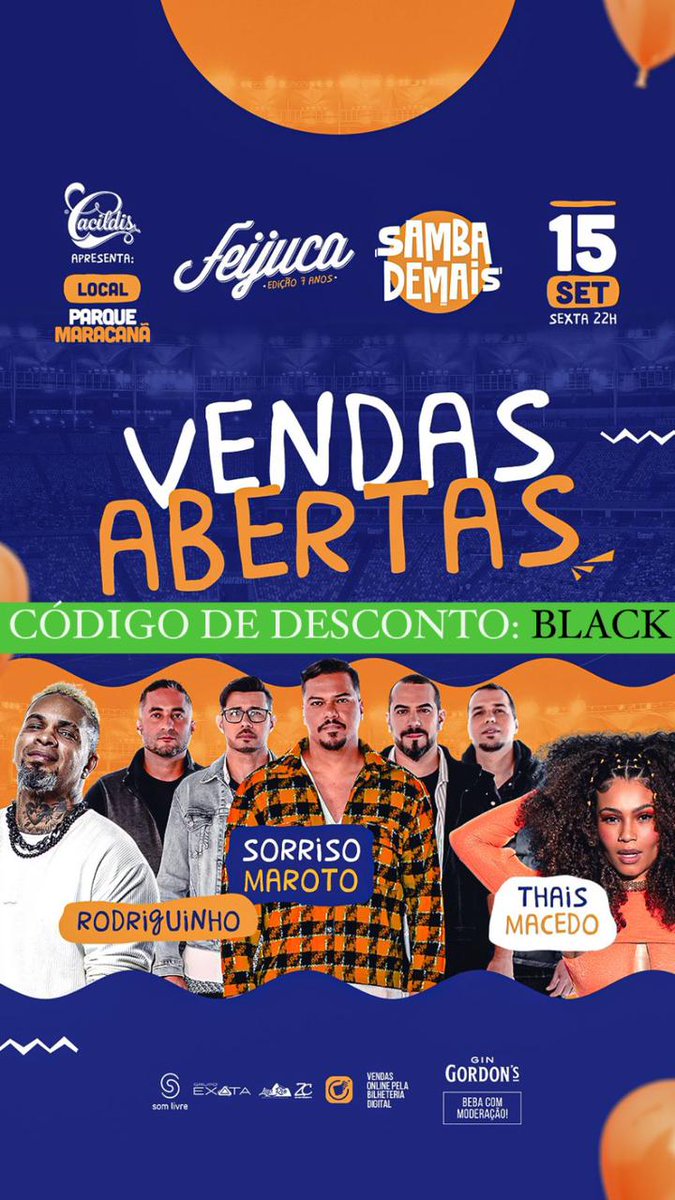 VENDAS ABERTAS • Feijuca • 📍 Parque Maracanã 📅 15 de Setembro Lineup: • Sorriso Maroto • Rodriguinho e muito mais... CODIGO: BLACK 📲 bilheteriadigital.com/feijuca-origin… ✨ Para mais eventos acesse: linktr.ee/codigoblack