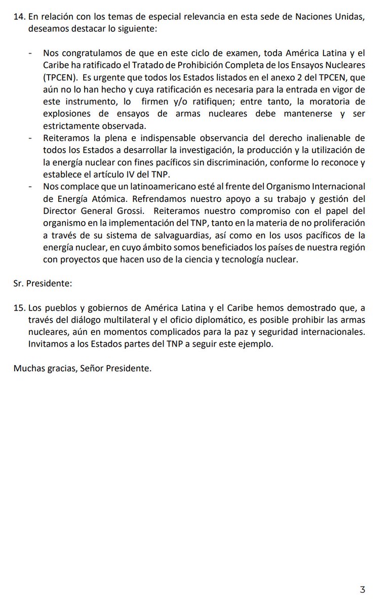 América Latina y el Caribe ha demostrado que, a través del diálogo multilateral y el oficio diplomático, es posible prohibir las armas nucleares, aun en momentos complicados para la paz y seguridad internacionales. Invitamos a las partes del TNP a seguir este ejemplo. #NPTPrepCom