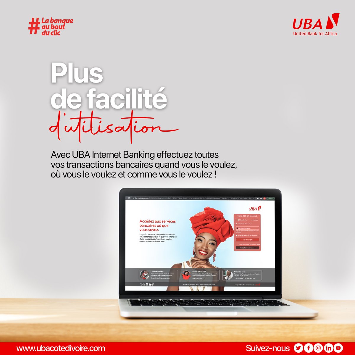 UBA_Cotedivoire's tweet photo. Hello les ami(e)s ! 
N'oubliez pas ! Pour vos transactions de ce début de mois, optez pour la rapidité. Faites vos transactions avec Internet Banking et économisez un temps précieux.  

Commencez maintenant👉https://t.co/gvVbu1cwhh 

#AfricasGlobalBank #Ibanking https://t.co/15beLwo6Ay