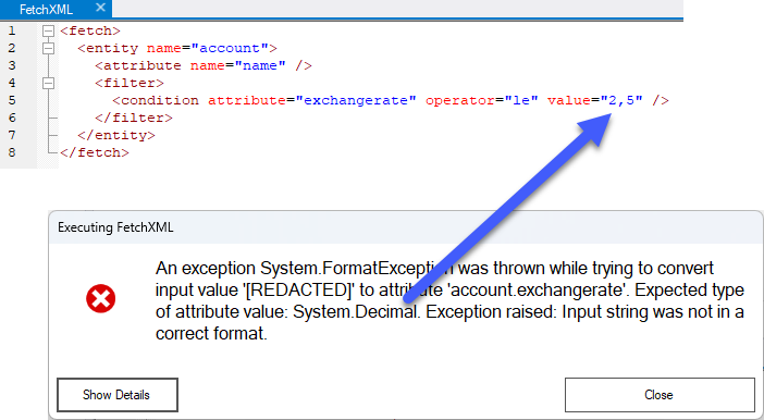 rappen's tweet image. Locale settings is a problem in #fetchxml of &quot;comma vs dot&quot; for a decimal separator.
The API returns an error if a comma is used, but is that always?
Shall I always replace it with a dot?

Or is it related to system settings?
Where count I find that, in this case?