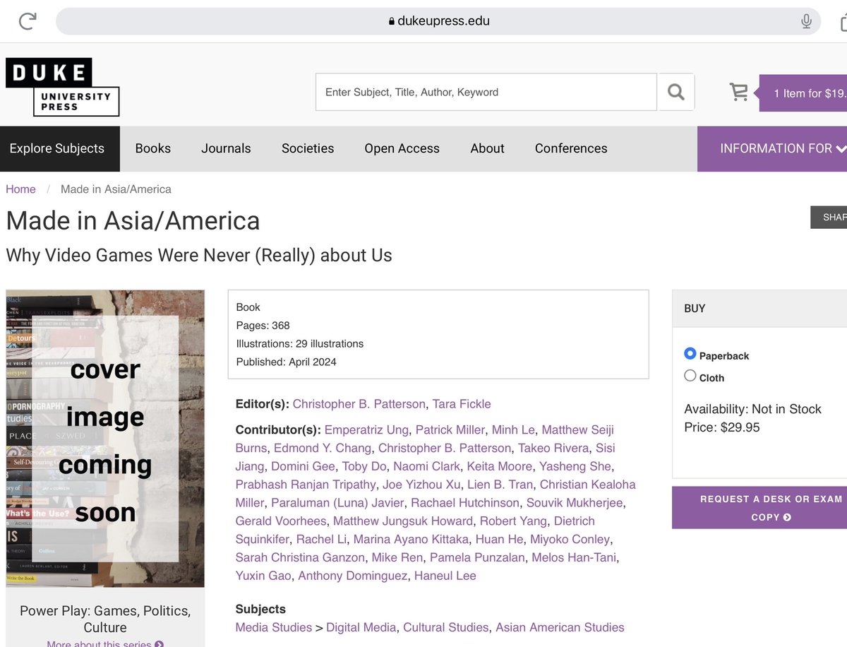 Our book, MADE IN ASIA/AMERICA: WHY VIDEO GAMES WERE NEVER (REALLY) ABOUT US, edited by myself and <a href="/fickleHQ/">Tara Fickle</a>, now has a home on the <a href="/DukePress/">Duke University Press</a> website! We are still working on a cover, but I’m overjoyed to see this list of our 15 authors and 20 gamemakers! dukeupress.edu/made-in-asia-a…