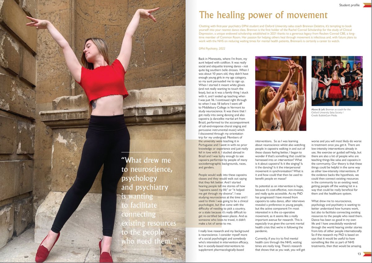 BrennanDelattre's tweet image. Thanks to @WolfsonCollege for a lovely profile on my doctoral work & the story of how I came to study cooperative-based movement activities for mental health at @UniofOxford @OxPsychiatry! I'm almost a year in, & it still feels surreal in the very best way ✨