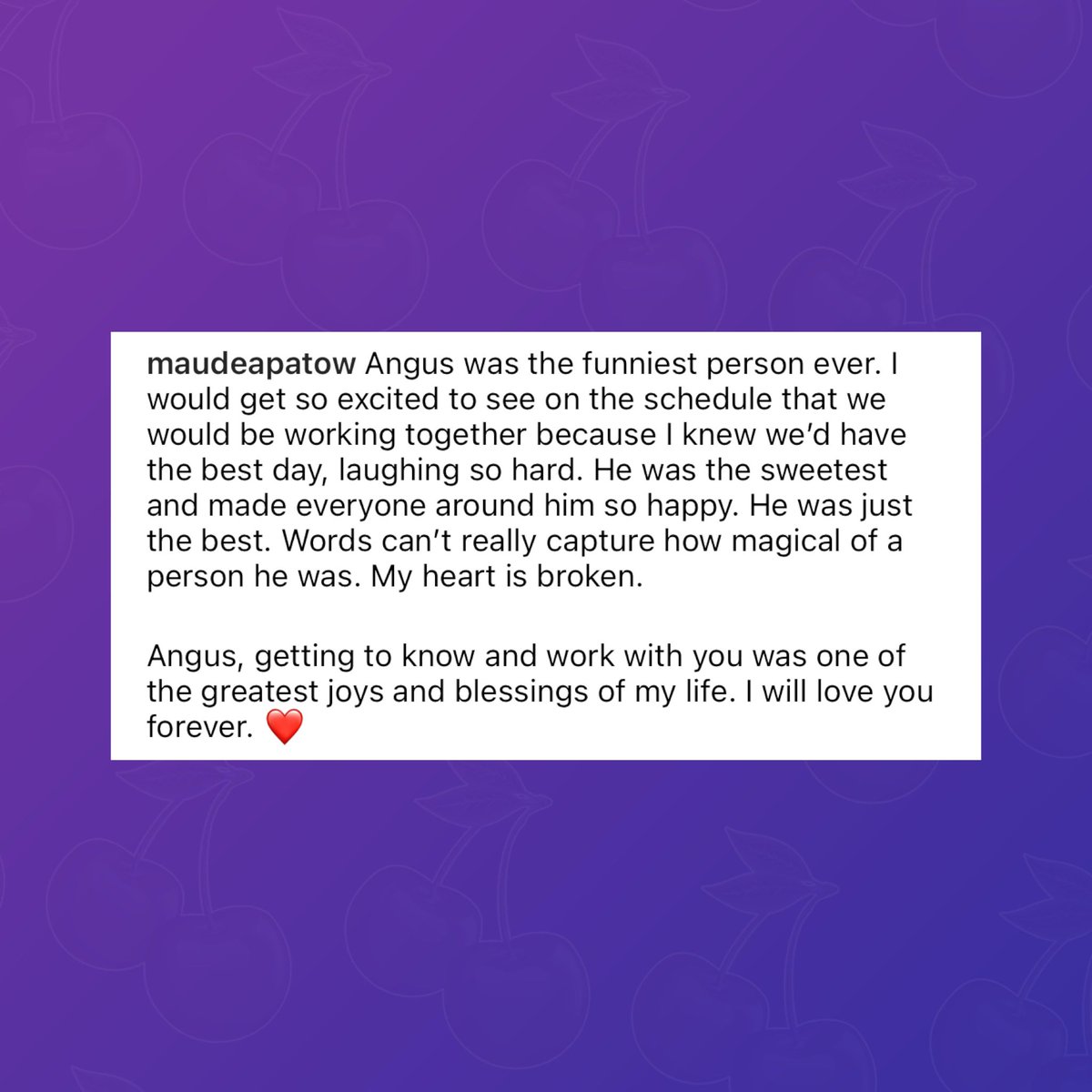 PopBase's tweet photo. Maude Apatow pays tribute to Angus Cloud:

“Angus, getting to know and work with you was one of the greatest joys and blessings of my life. I will love you forever.” https://t.co/NDNEdKLlqv