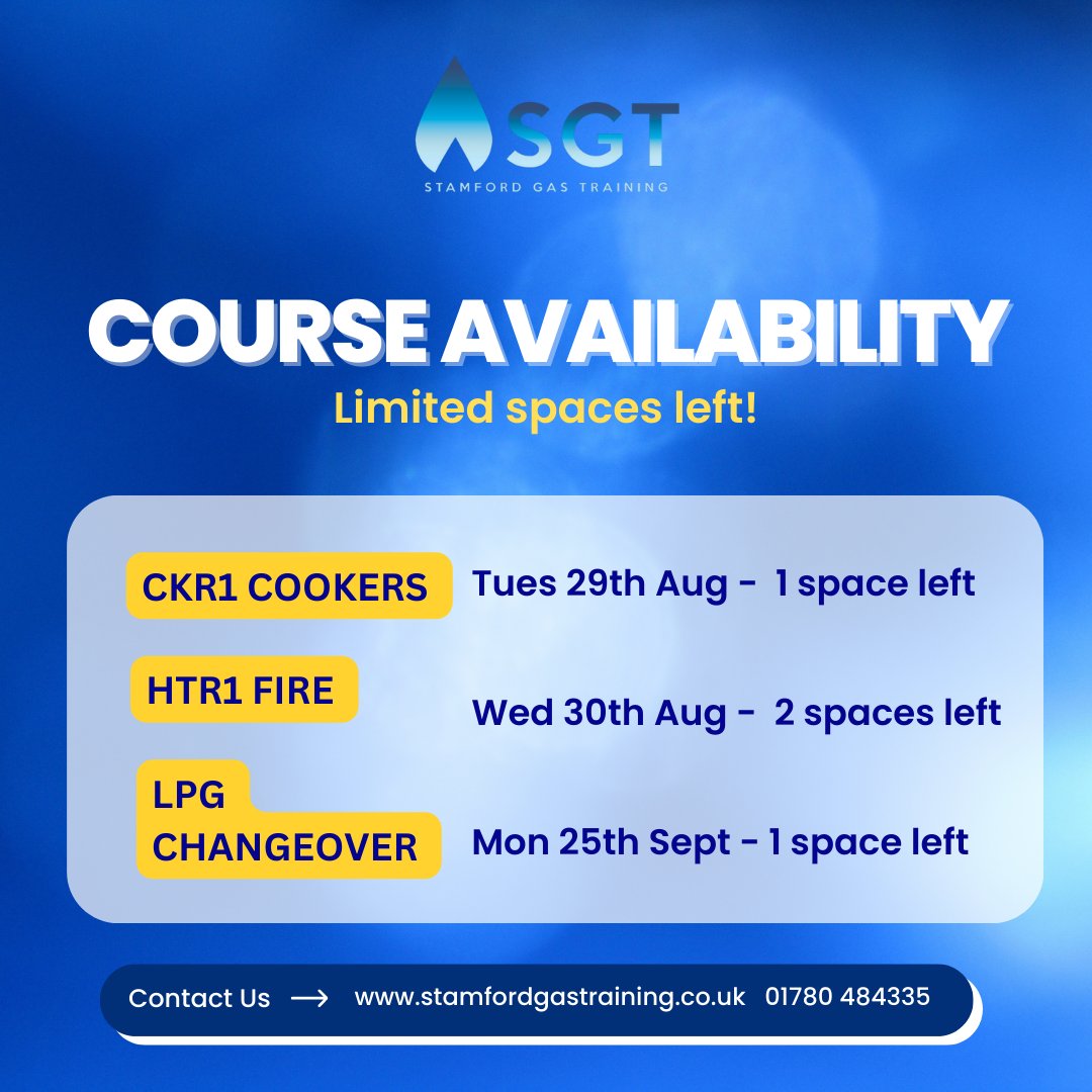 Check out our upcoming course availability over the next few weeks! 📷

We've got something for everyone, no matter your gas/plumbing training needs! Contact us now to book your space.

stamfordgastraining.co.uk⁠
01780 484335⁠
bookings@stamfordgastraining.co.uk