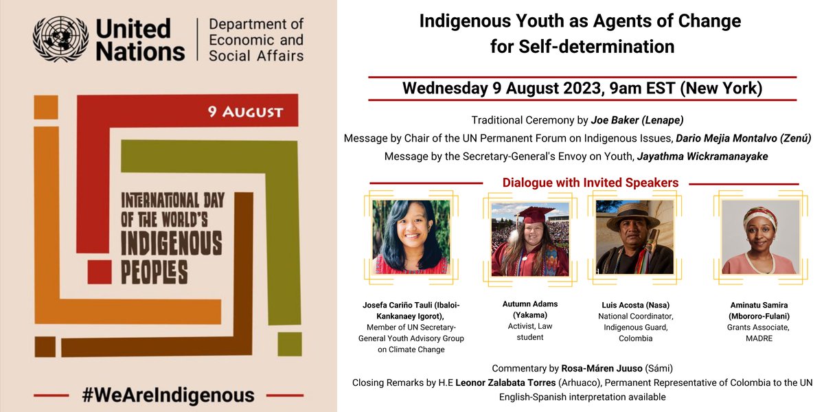 UN4Indigenous's tweet photo. Want to hear more from some amazing #IndigenousYouth as agents of change? Join us for #IndigenousPeoples Day on 9 Aug for a virtual commemoration! ✨ Register here: https://t.co/mkbzhwXXAC #WeAreIndigenous https://t.co/8TYUtM0CIK