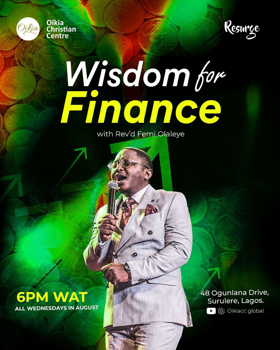 oikiaccsurulere's tweet photo. There are three things you can do with money. You either Save it, Spend it, or Invest it. So what does the Bible say about how to handle your finances?
Find out by Joining us from 6 pm on YouTube & MixIr: Oikia Christian Centre Global.
#church #midweekservice #midweekchurch https://t.co/no4akSZau3