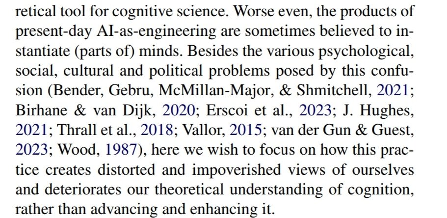 ChombaBupe's tweet image. "The way AI is presented as approaching human level intelligence creates distorted and impoverished views of ourselves
and deteriorates our theoretical understanding of cognition,
rather than advancing and enhancing it."