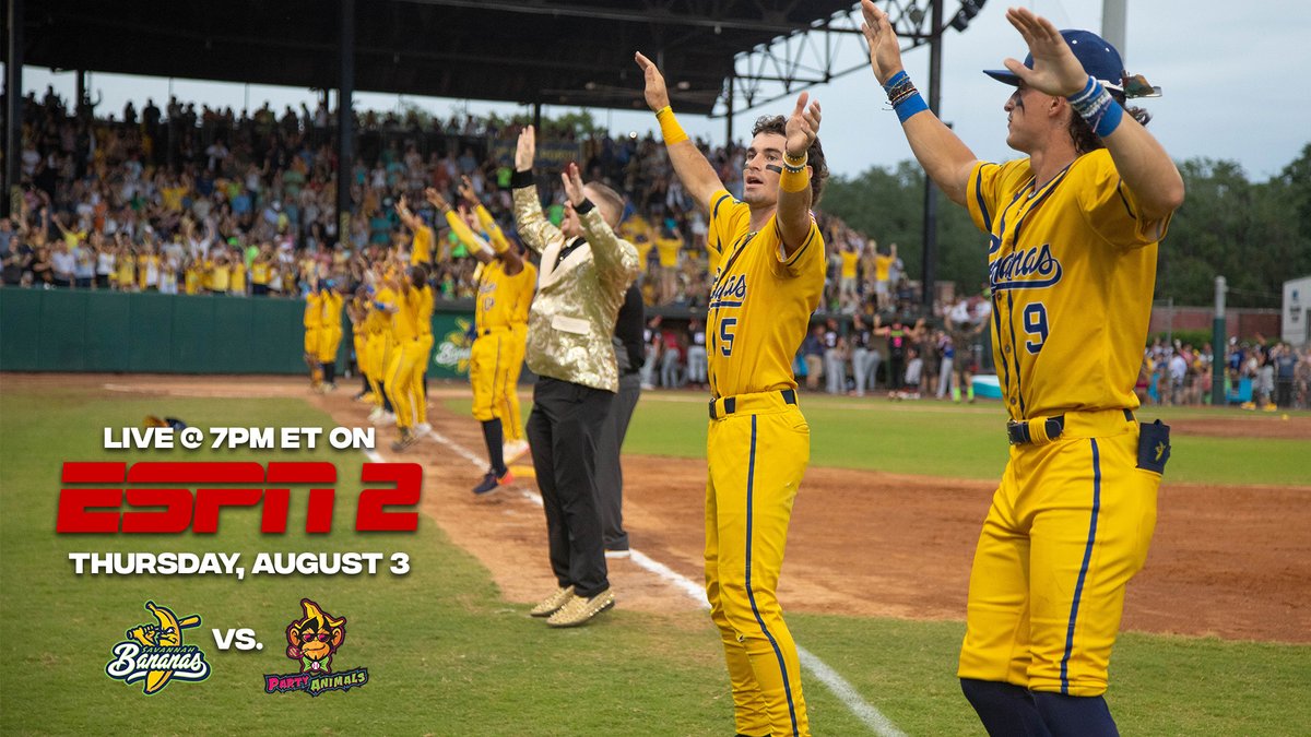 TheSavBananas's tweet photo. Are you ready, Banana Nation? The Bananas hittin' the National Stage again to take on the Party Animals on ESPN2 on Thursday Night, August 3rd, to kick off ESPN8: The Ocho. The game will also be live from Grayson Stadium on ESPN Deportes. https://t.co/JScHQxnLEX