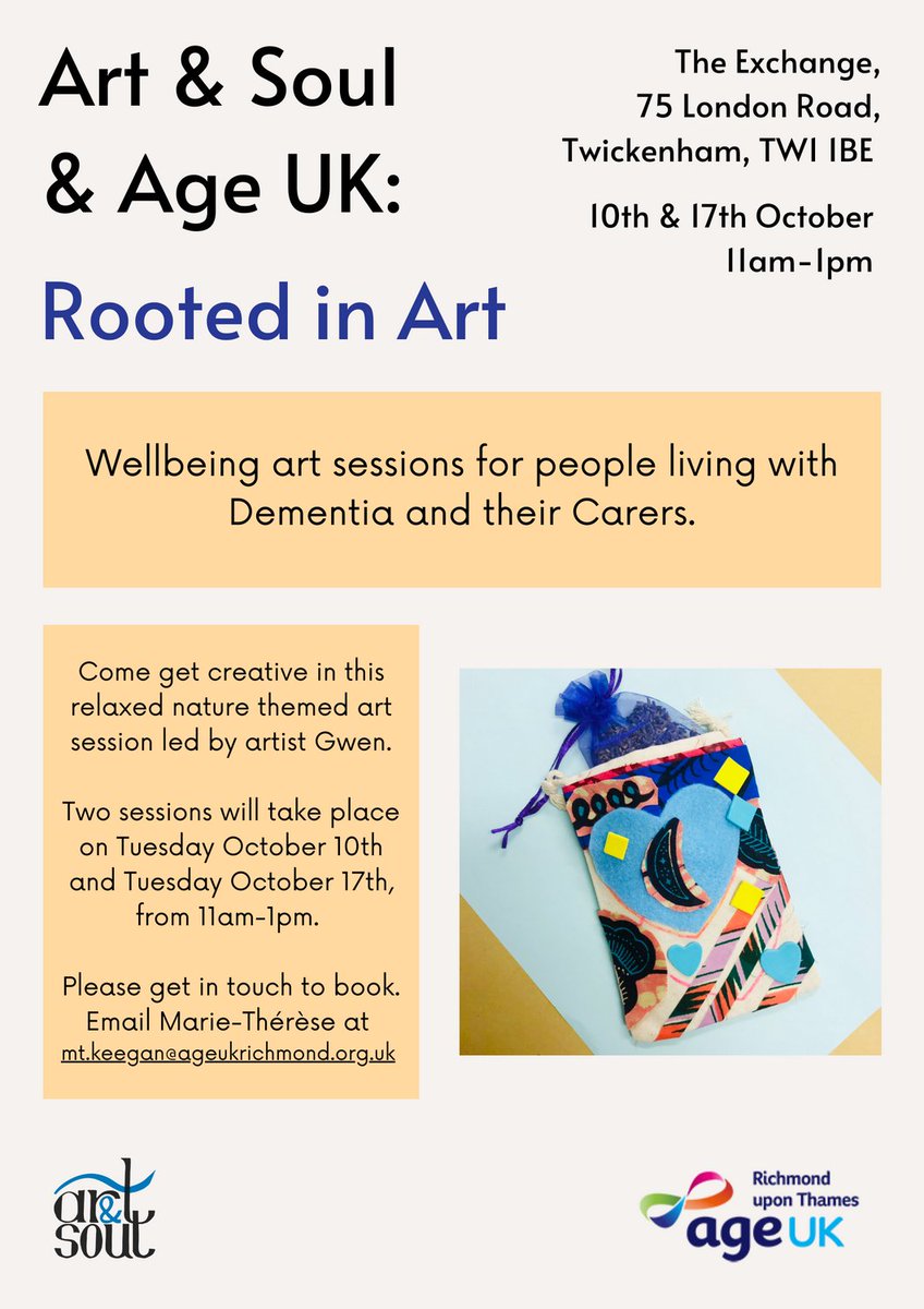 artandsoulorg's tweet photo. This October, Art &amp; Soul will be teaming up with @AgeUKRichmond to host some wellbeing art sessions for people living with Dementia and their Carers.

Please get in touch to book, email Marie-Thérèse at 
mt.keegan@ageukrichmond.org.uk https://t.co/qxc0MBemn0