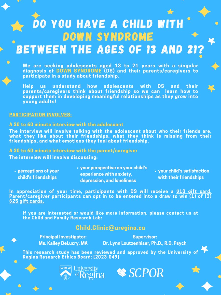 DSRFcanada's tweet photo. The University of Regina is seeking adolescents with Down syndrome and their parents to participate in a research study on friendship. Please refer to the attached poster for details and contact information. https://t.co/VTYa1A4POo