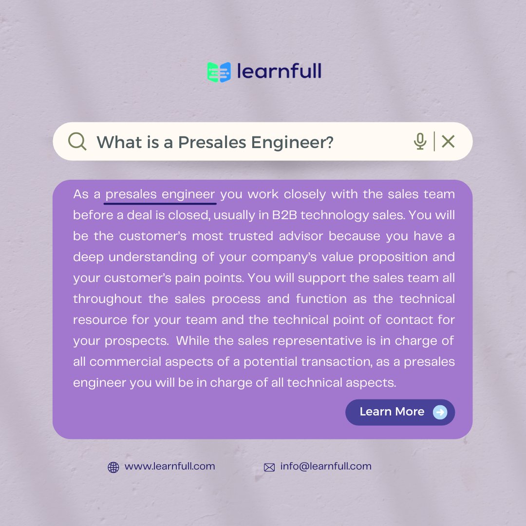 🌟 What is a Presales Engineer? 🤔

In summary, a Presales Engineer combines technical expertise with excellent communication skills to help businesses find optimal technology solutions. 💼💻 #PresalesEngineer #TechExpertise #BridgeTheGap