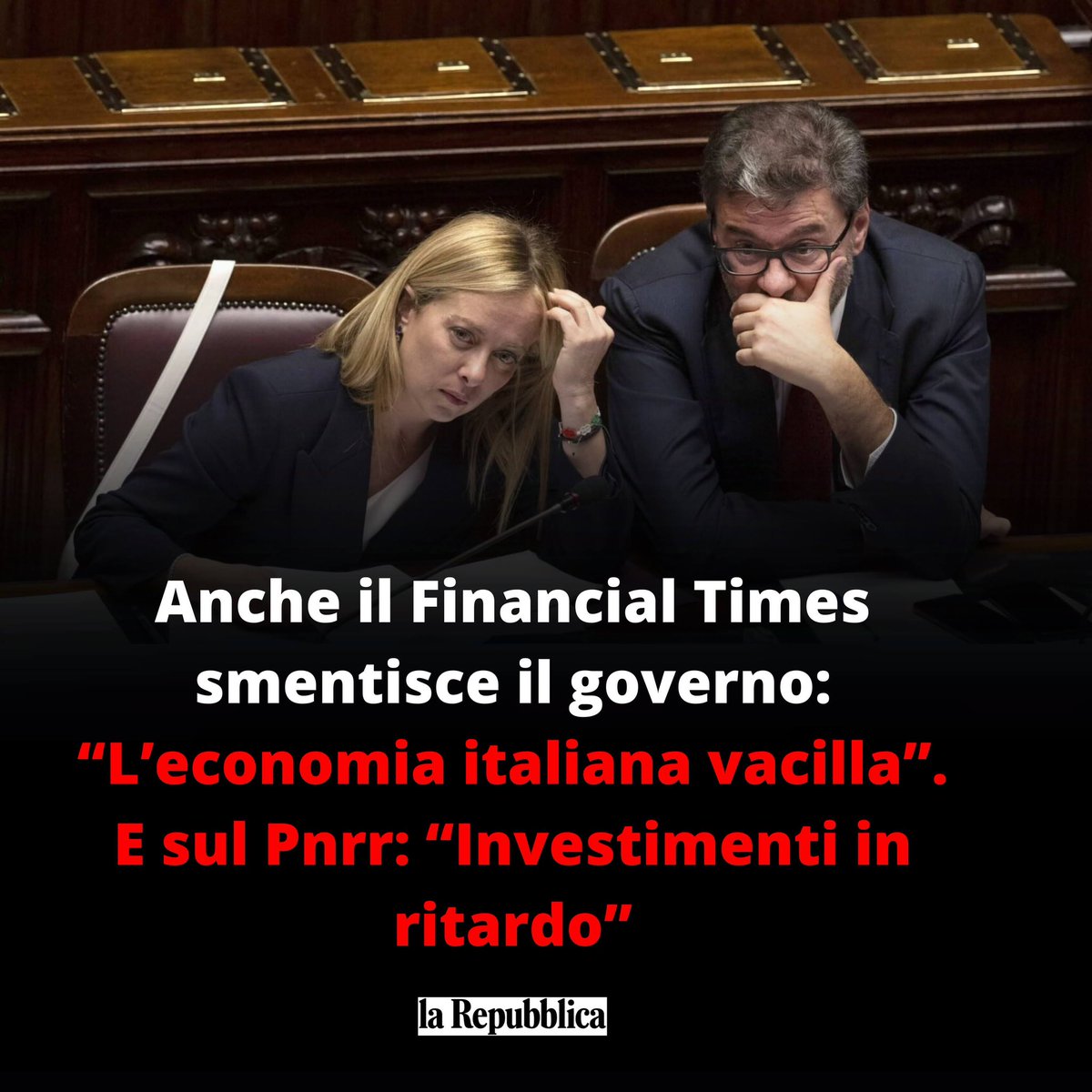 JacopoDelTaglia's tweet photo. E anche il Financial Times certifica la pessima gestione che il #GovernoMeloni sta avendo sull’economia Italiana, in rosso dello 0,3% ma anche gli enormi ritardi sul #PNRR e l’incredibile debolezza della produzione industriale. 

Mi raccomando, votateli, loro sono quelli pronti. https://t.co/XCYFDmNCoJ