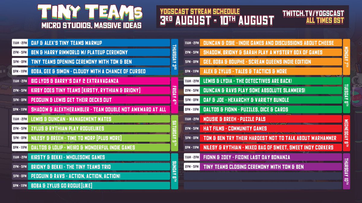 yogscast's tweet photo. This year's official @TinyTeamsFest schedule just dropped!

Starting tomorrow, there'll be tons of amazing streams with new indie games to discover every single day for a week—what're you most looking forward to? https://t.co/Gd2XjkjQYW https://t.co/oHlDYEXKq7