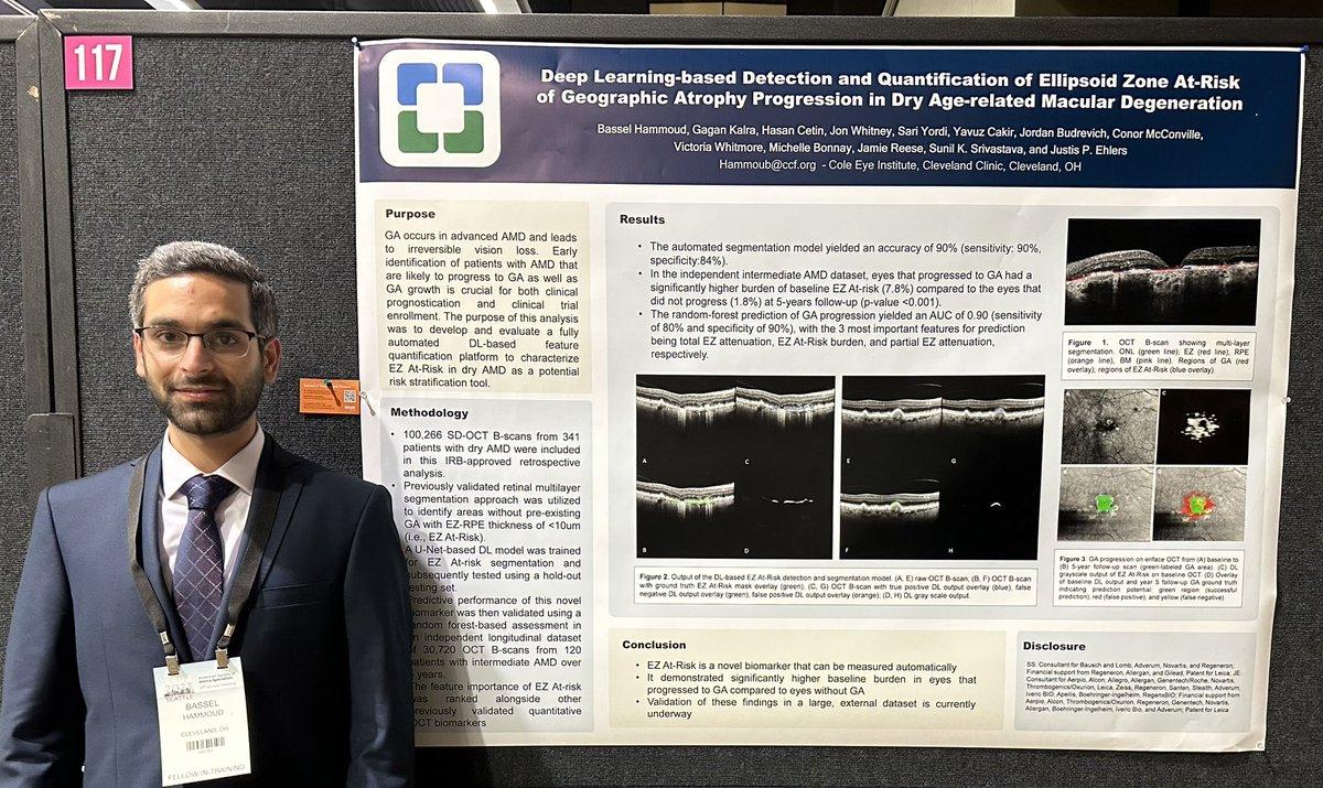 BasselHammoudMD's tweet photo. Just wrapped up an amazing experience at the 2023 ASRS-Seattle, connecting with brilliant minds in the field. Grateful to have presented our work at Cole Eye  with Dr. Justis Ehlers on building #deeplearning models for detection of EZ at risk of progression to #GA in dry #AMD. https://t.co/sspjm2caLp