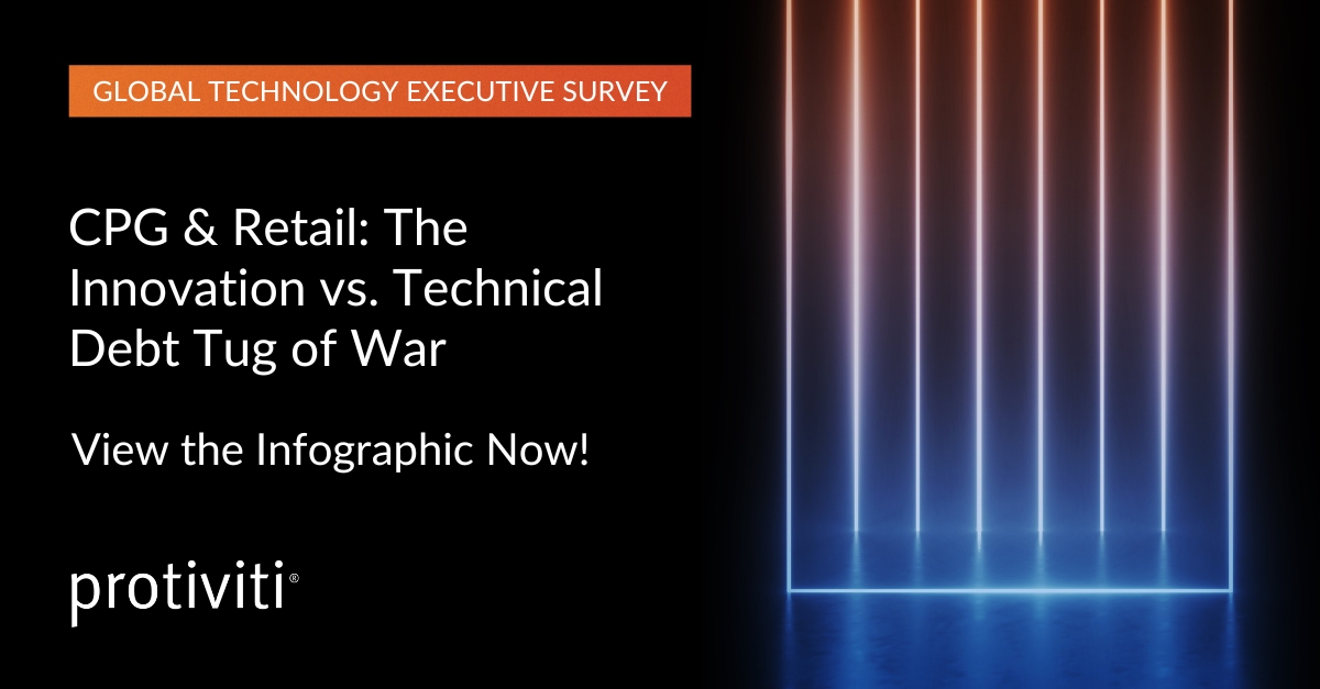 Protiviti's tweet image. Protiviti&apos;s latest research shows that CPG and retail companies recognize the urgency of innovation and have a clear strategy to maximize the value of IT. Learn more about the results of Protiviti’s #GlobalTechSurvey via our infographic: ow.ly/3k8u50Po6Cx #ProtivitiTech