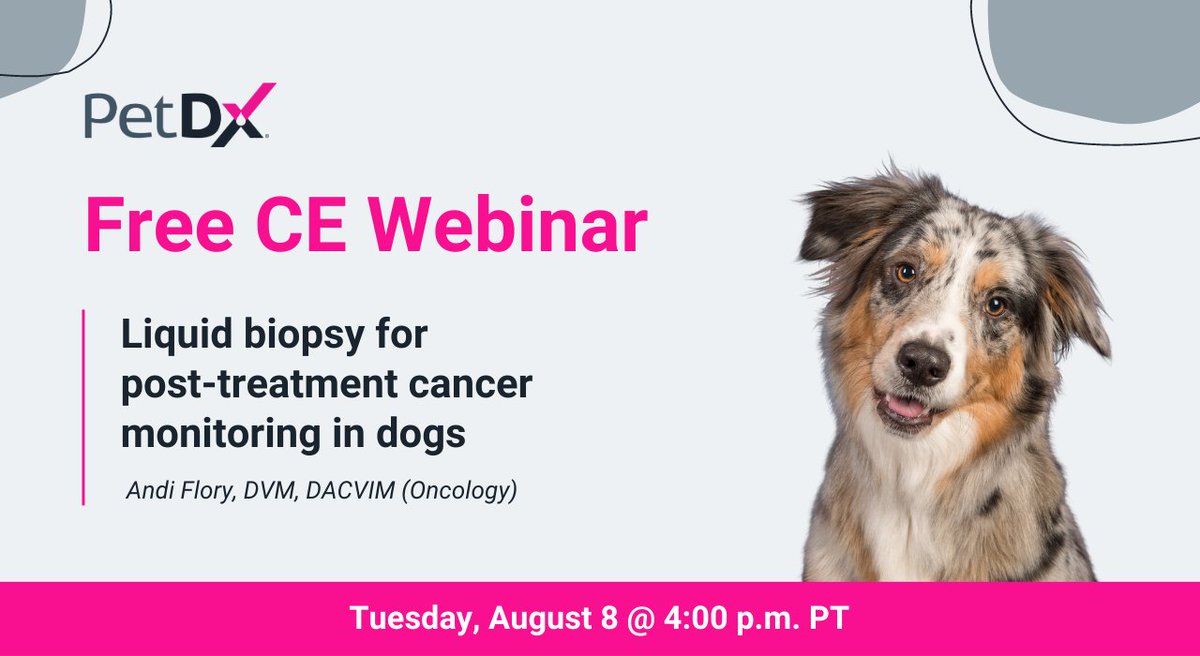 Attend our free CE webinar on August 8 to learn about the use of liquid biopsy for cancer detection and monitoring in dogs.

Register now at petdx.events/23-08-08/free-…