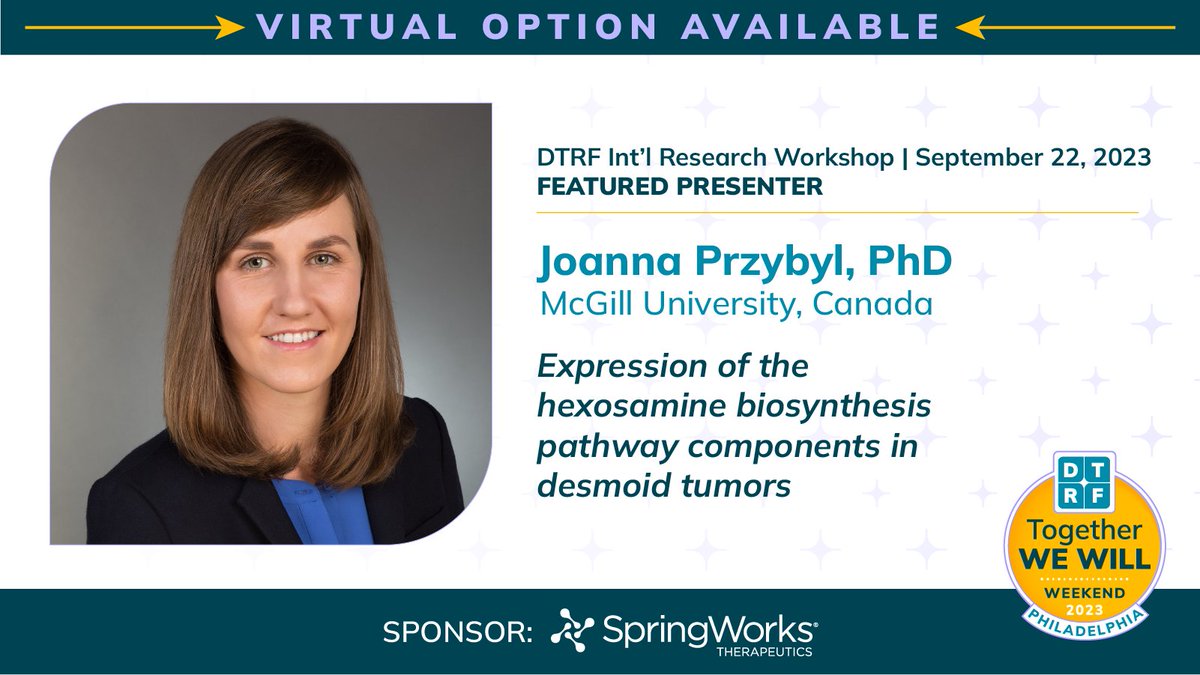 The Int'l Research Workshop on 9/22 is an in-person and virtual collaborative mtg of desmoid tumor researchers and clinicians, including Dr. Przybyl et. al.
Register: bit.ly/TWW-23
Hotel: bit.ly/TWW-Hotel-23

#DTRF #RFA23 #desmoidtumor #desmoidresearch