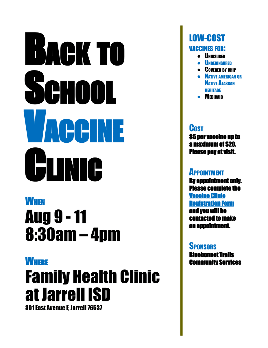 The Family Health Clinic at Jarrell ISD is hosting a Back to School Vaccine Clinic. Details are below. Click on the link to register. rebrand.ly/jaa8ool