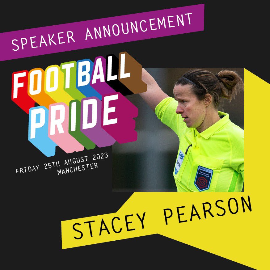 FootballPrideUK's tweet image. 📣 Time to intro another star speaker for #FootballPride! 

We’re thrilled that FIFA, FAWSL, @FA_PGMOL referee - and equality campaigner - Stacey Pearson will be with us in Manchester on Fri 25 Aug. ⚽️🌈

Make it (match) official! Grab a ticket 🎟️ here 👉 eventbrite.co.uk/e/football-pri…