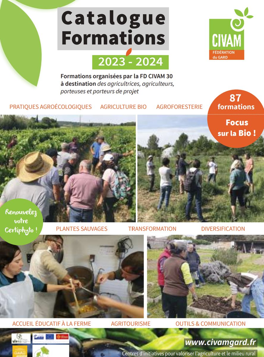 Le catalogue de formations 2023/2024 des CIVAM du #Gard est disponible 👍. Cinq de ces #formations sont délocalisées dans notre nouvelle ferme maraîchère de 4,25 ha (La Noria).
civamgard.fr/civam-bio-pdf/…

#Agroécologie #Gard #maraîchage #LiFoFer #agroforesterie