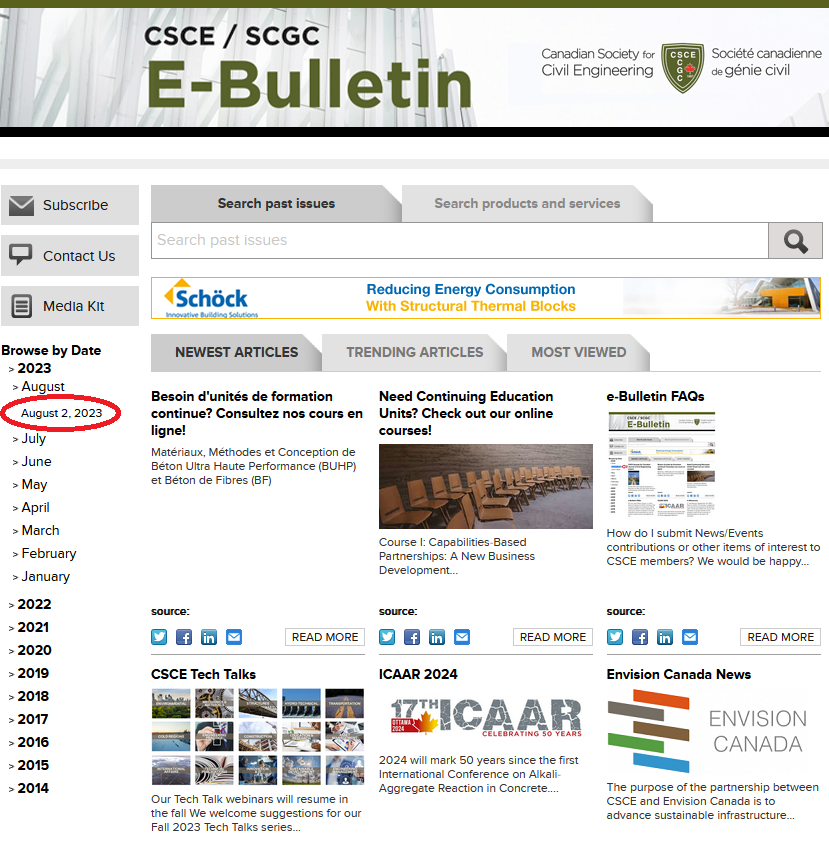 csce_scgc's tweet photo. Our August 2nd e-Bulletin is now available!
The full version of this e-Bulletin, and previous e-Bulletins, can be found here: https://t.co/nj7bgld1MM (or you can use the direct link to Aug 2 e-Bulletin: https://t.co/UR4135Yc8T).
See 🧵 for details
#civilengineering #CSCE_SCGC https://t.co/8MJwUslhdE