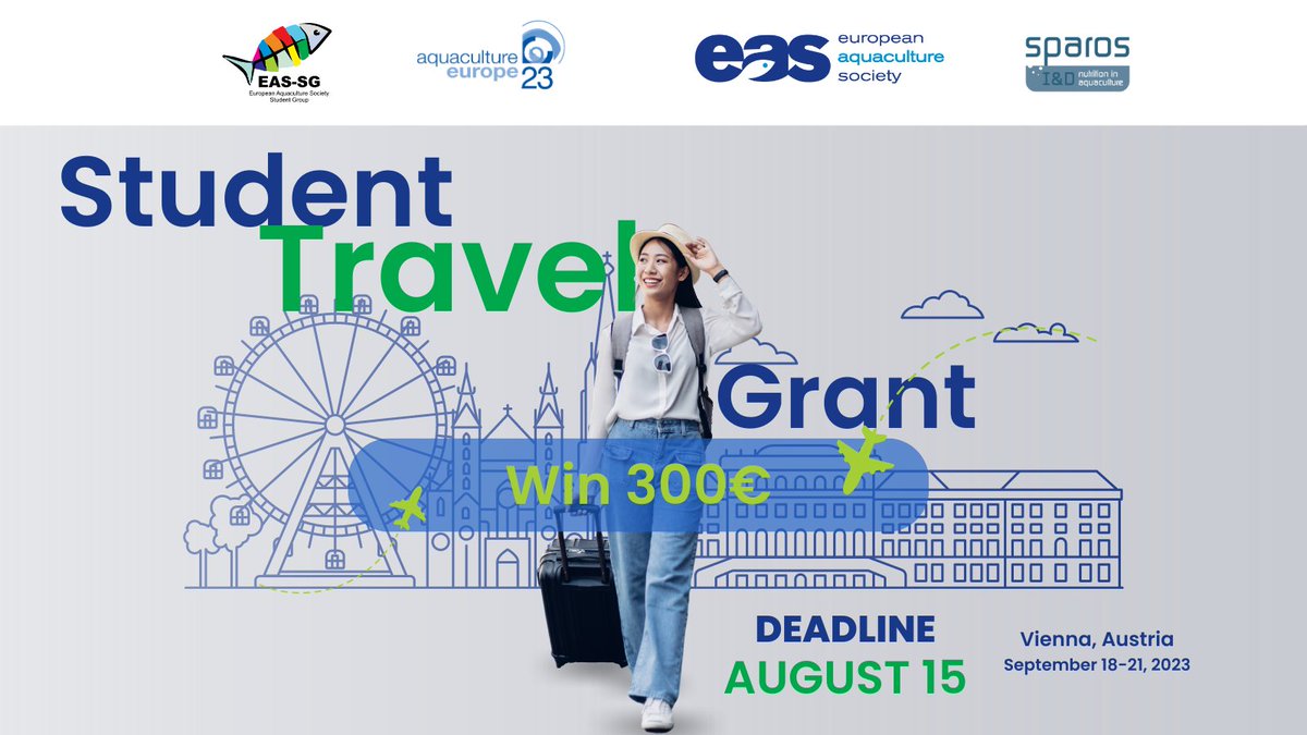 easaqua's tweet photo. [ 📷 #StudentTravelGrant 📷 ]
We are pleased to announce that our EAS Student Group is offering FIVE Student Travel Grants for the "Aquaculture Europe 2023" conference in Vienna, Austria.
The deadline is August 15!

#AE23WIEN #AquacultureEurope https://t.co/mXssua06lB