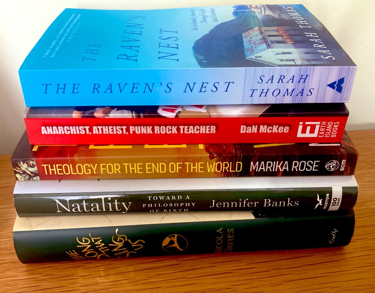 DrElizabethMac1's tweet photo. The #August #BookPile is looking spectacular & is a great mix of #Philosophy, #Theology, books to encourage us to think differently about how we might live in the world & some #EcoFiction. #TheSongThatSingsUs is a reread ahead of the release of the prequel #Skrimsli in September https://t.co/GCNXqquTU4
