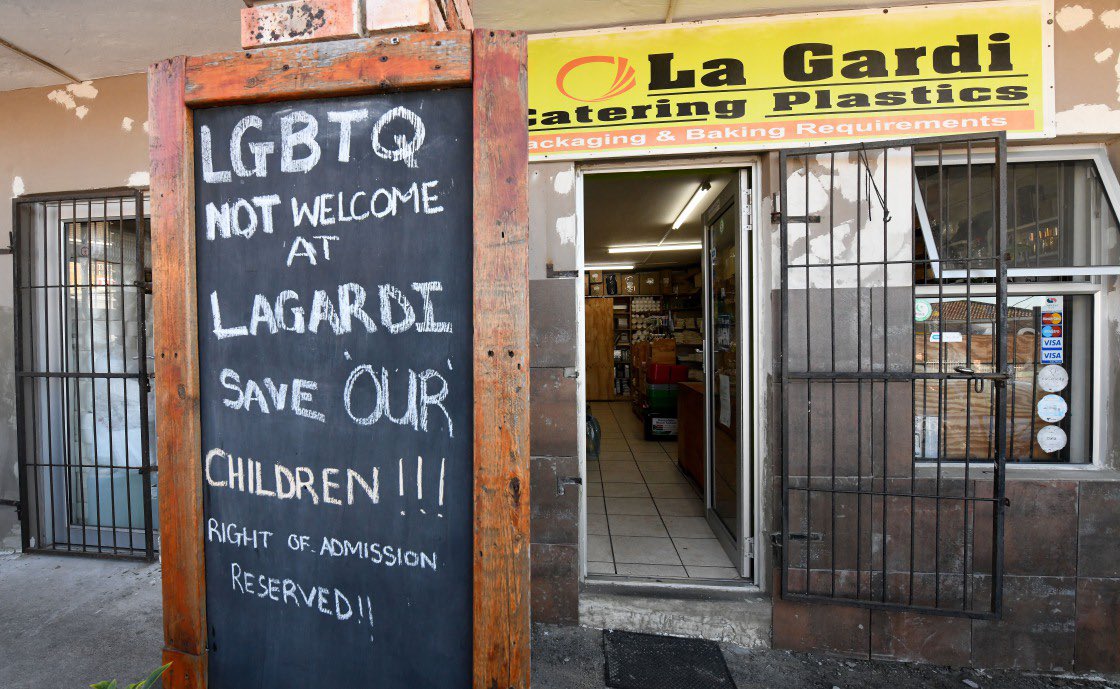 AdvoBarryRoux's tweet photo. The notice displayed outside La Gardi Shop in Gqeberha, South Africa. https://t.co/p2L6OEIJ9J