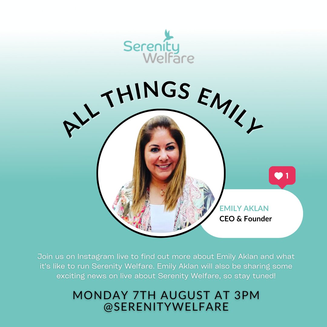 SerenityWelf's tweet photo. Join us on Instagram live with our CEO &amp; Founder, to find out more about Emily and discuss the in's and out's of Serenity Welfare. Emily will also be sharing some exciting news about Serenity Welfare's upcoming ventures, so stay tuned! #serenitywelfare #swnurturingyoungpeople https://t.co/xxDjnJE3XK