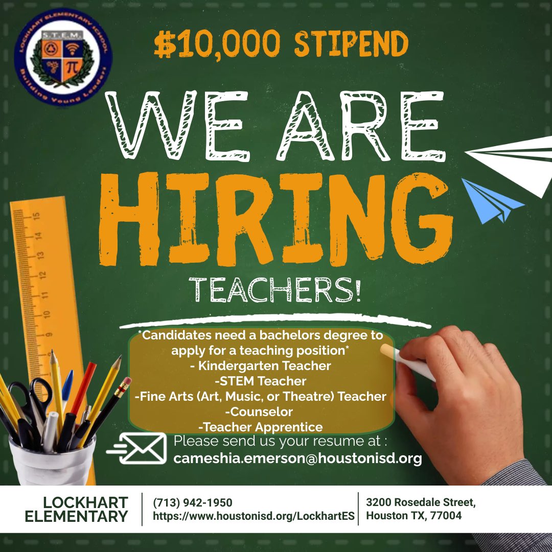 lockhartES's tweet photo. We have openings for a #kinder, #STEM, #finearts #teacher. Also a #schoolcounselor and #teacherapprentice. See post for more information. https://t.co/UCJIFFu4jD