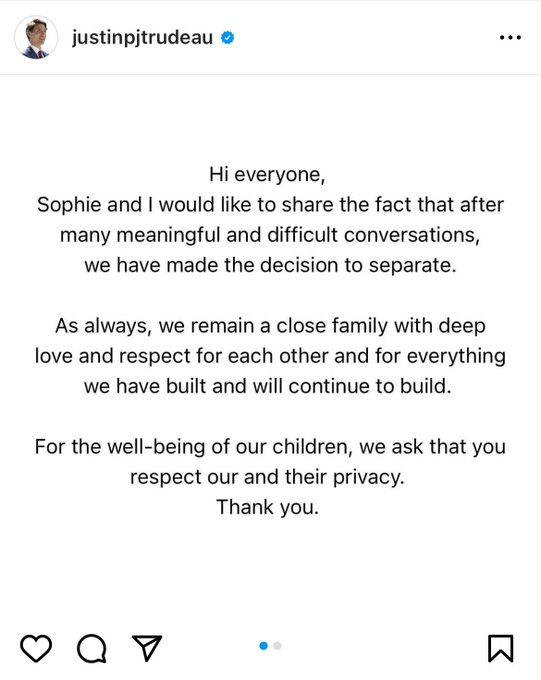 TheInsiderPaper's tweet photo. BREAKING: Canada's PM Justin Trudeau announces on social media that he and his wife Sophie are separating https://t.co/bJXOnMrDuR