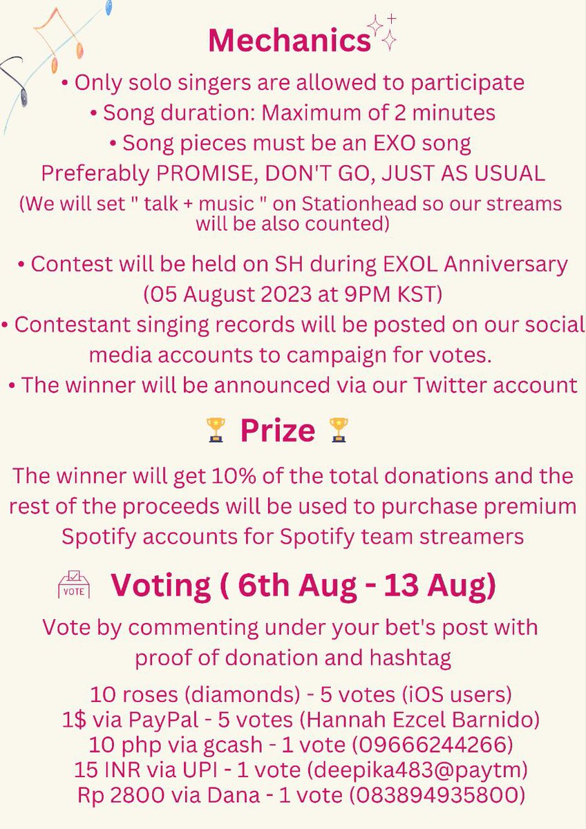 EXOspotifyTeam's tweet photo. EXO-L,
So we think you can sing 🎤🎶 
and we are inviting you to Show and Flaunt It! at our "EXO-L Talent Night" on @STATIONHEAD where we will be celebrating our 9th year as EXOL with a night dedicated to your musical talent. Participate and sing your heart out and get a prize!!

🗓 August, 5th at 9 PM KST 
📍 https://t.co/EvLCT5MLbK 

Check the details and guidelines on the pub mat 👇

#EXOLsOnStationhead
#EXOL_Talent_Night
#9YearsWith9Boys
#EXO @weareoneEXO @B_hundred_Hyun @layzhang
