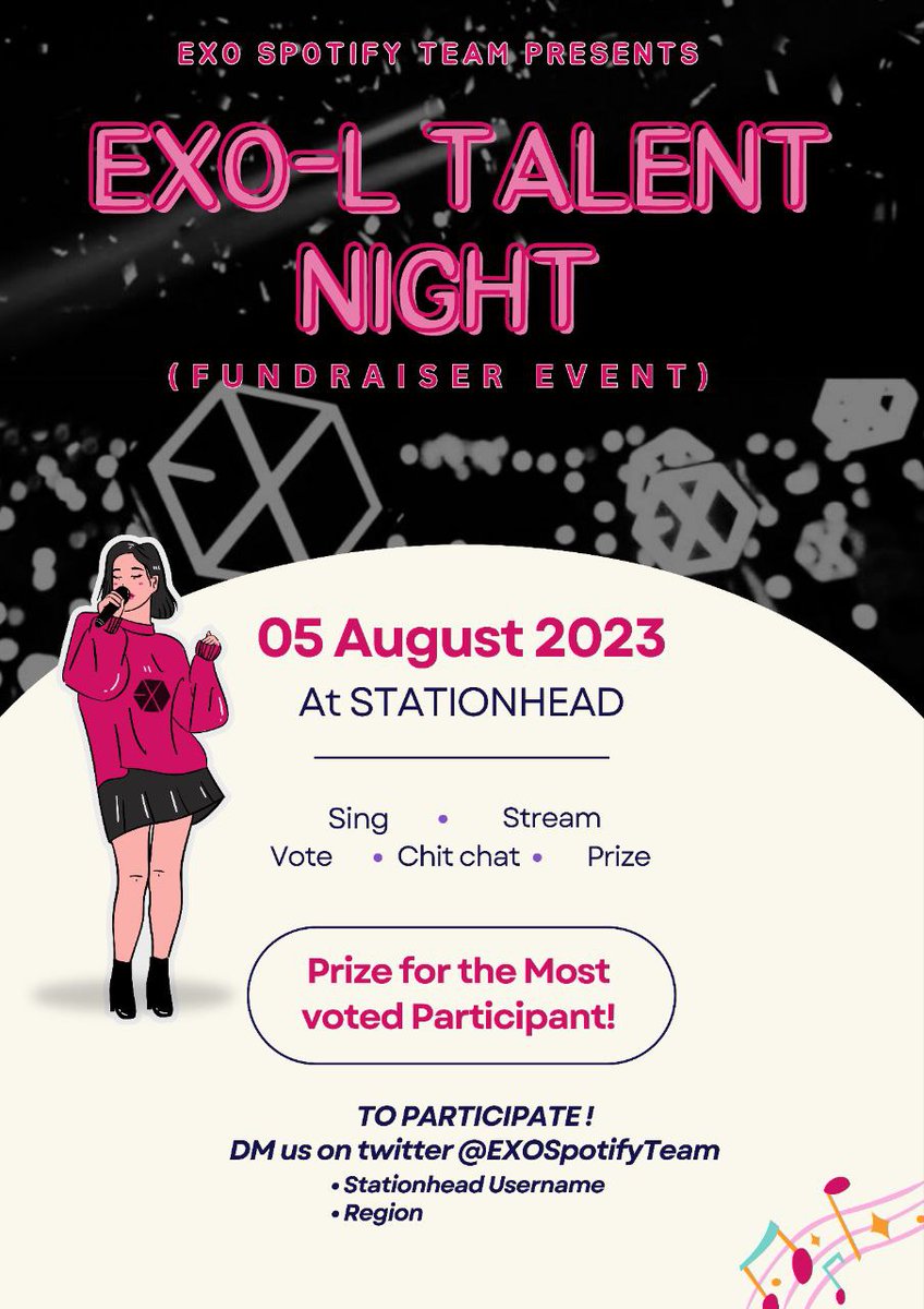 EXOspotifyTeam's tweet photo. EXO-L,
So we think you can sing 🎤🎶 
and we are inviting you to Show and Flaunt It! at our "EXO-L Talent Night" on @STATIONHEAD where we will be celebrating our 9th year as EXOL with a night dedicated to your musical talent. Participate and sing your heart out and get a prize!!

🗓 August, 5th at 9 PM KST 
📍 https://t.co/EvLCT5MLbK 

Check the details and guidelines on the pub mat 👇

#EXOLsOnStationhead
#EXOL_Talent_Night
#9YearsWith9Boys
#EXO @weareoneEXO @B_hundred_Hyun @layzhang