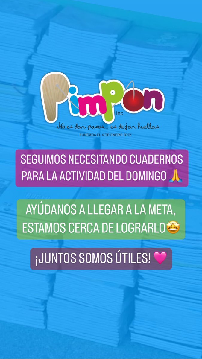 PimponInc's tweet photo. Este domingo es nuestra actividad #RegalaUnaSonrisa2023 y seguimos necesitando cuadernos. Ayúdanos a llevar sonrisas a 150 niños y niñas de la comunidad "El FAO" de Guerra. 🩷🩵❤️💜💚 https://t.co/l7X7ijAISK