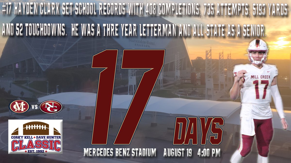 Mill Creek Football (@mcfootballcoach) on Twitter photo 17 Days until Mill Creek vs North Gwinnett in the 2023 CorkyKell-DaveHunterClassic
<a href="/CorkyKell/">Corky Kell + Dave Hunter Classic</a>
#iMpaCt | #LEAVENODOUBT 17 Days until Mill Creek vs North Gwinnett in the 2023 CorkyKell-DaveHunterClassic
<a href="/CorkyKell/">Corky Kell + Dave Hunter Classic</a>
#iMpaCt | #LEAVENODOUBT