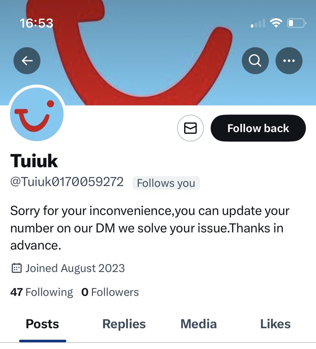 GillianLambe1's tweet photo. @TUIUK your Twitter page is being cloned and used to illicit direct contact with TUI customers, a scam directed at those seeking refunds by pretending to be TUI customer care. I have come across at least two Twitter pages but there could be more. https://t.co/o9Q3VQTct6