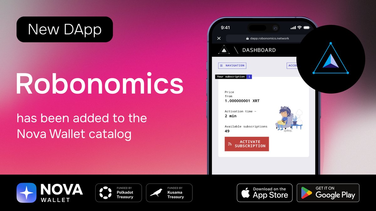 NovaWalletApp's tweet photo. New DApp – Robonomics – has been added to the Nova Wallet DApp catalog! 🎉

Nova Wallet users can now easily access a range of IoT services and activate @AIRA_Robonomics subscriptions! 🤖

Download Nova Wallet! 🚀
https://t.co/4aoEtaAVA0 https://t.co/g2G21YROJj