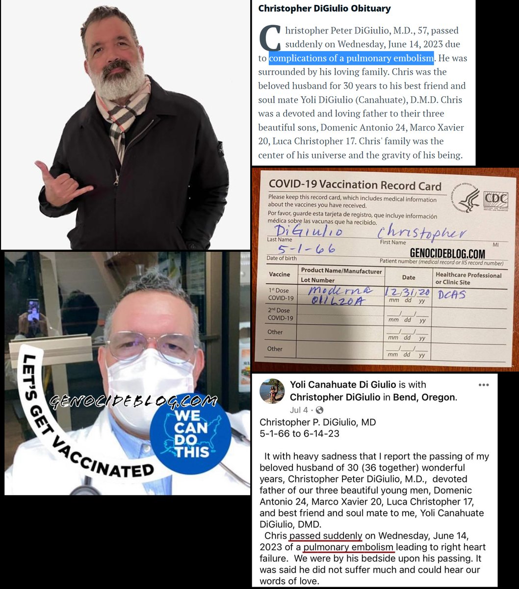 MakisMedicine's tweet photo. June 14, 2023, PA - 57 year old US doctor Dr. Christopher Di Giulio died suddenly from a pulmonary embolism leading to right heart failure.
He took Moderna COVID-19 mRNA vaccines and was loyal to big pharma.
WHY are doctors dying for big pharma?
#DiedSuddenly #cdnpoli #ableg https://t.co/LIBFgjyIHy