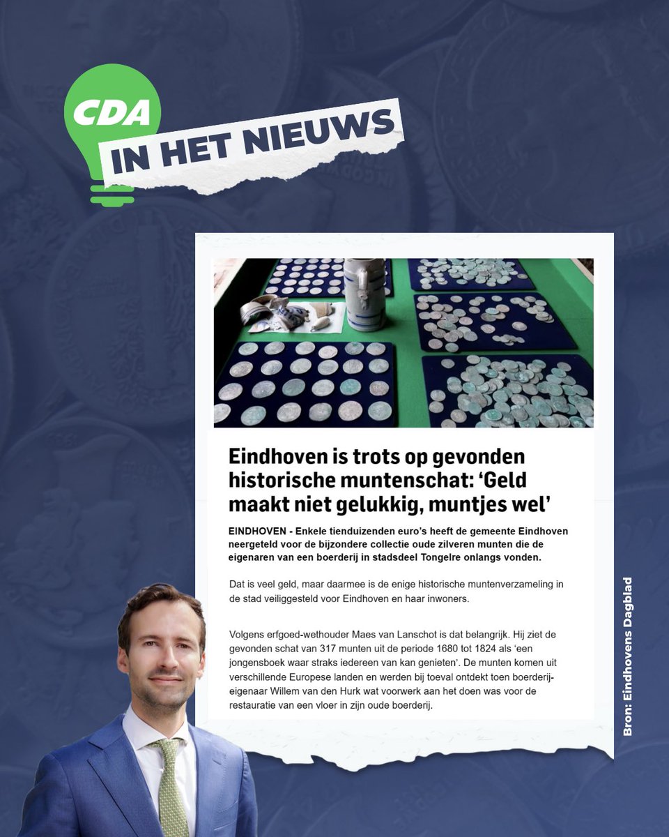 Geweldig Eindhovens nieuws! 🎉 Bij de restauratie van een Eindhovense boerderij is een spaarpot met 317 zilveren munten gevonden. 🤩🪙 

"De muntvondst biedt een prachtig kijkje in ons verleden en hebben we weten te behouden voor alle Eindhovenaren." - Wethouder Maes van Lanschot