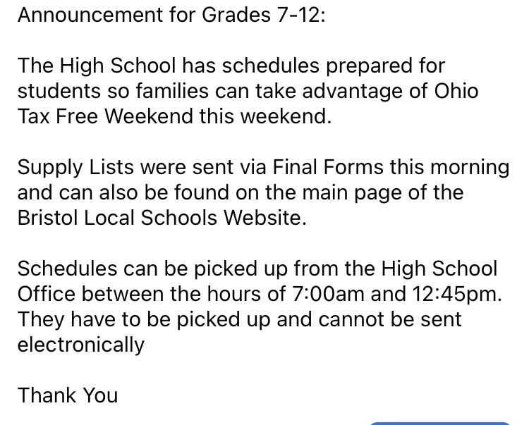 Announcement regarding class schedule pickup for Grades 7-12